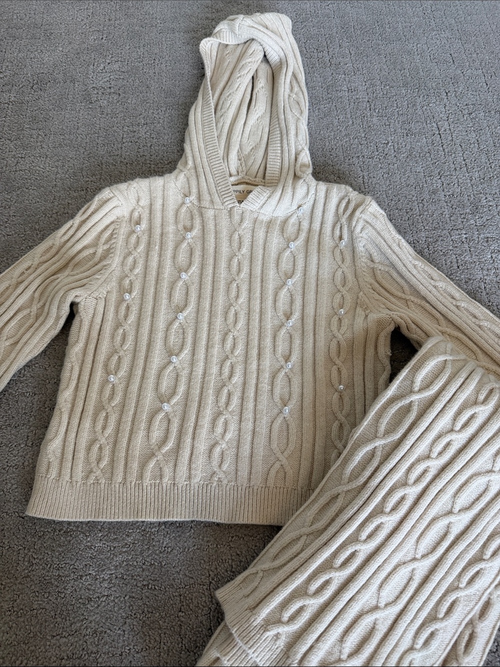 Girls Hooded Cream Cable Knit Sweater Pants Set with pearl embellishments